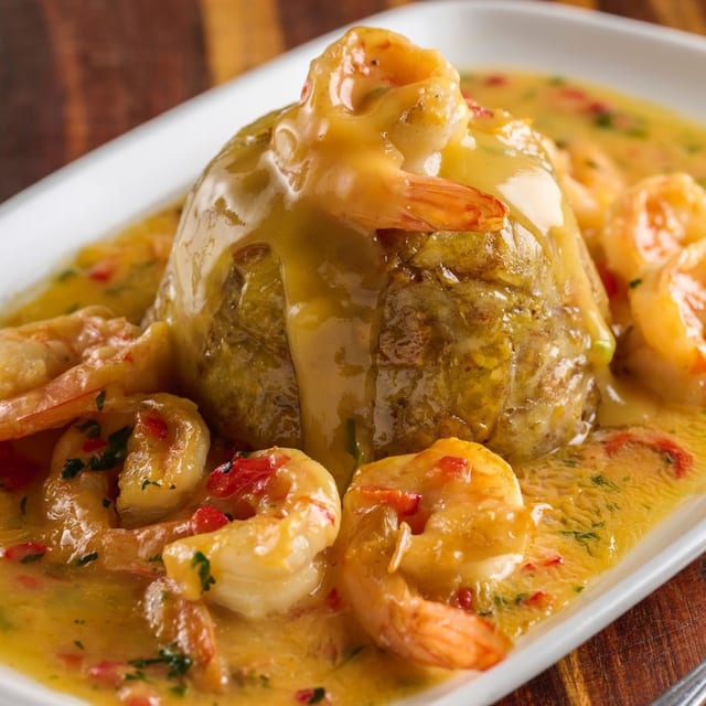 Mashed Green Plantain with Shrimp.