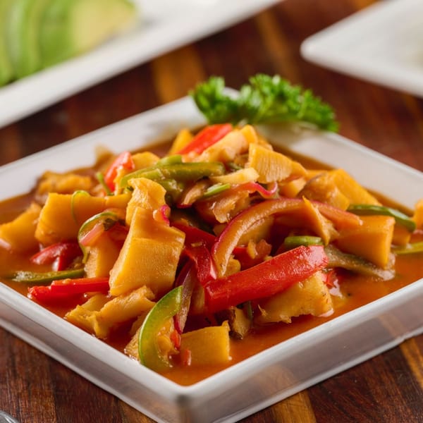 Close-up of a white square dish filled with a colorful stew of yellow vegetables and red and green peppers.