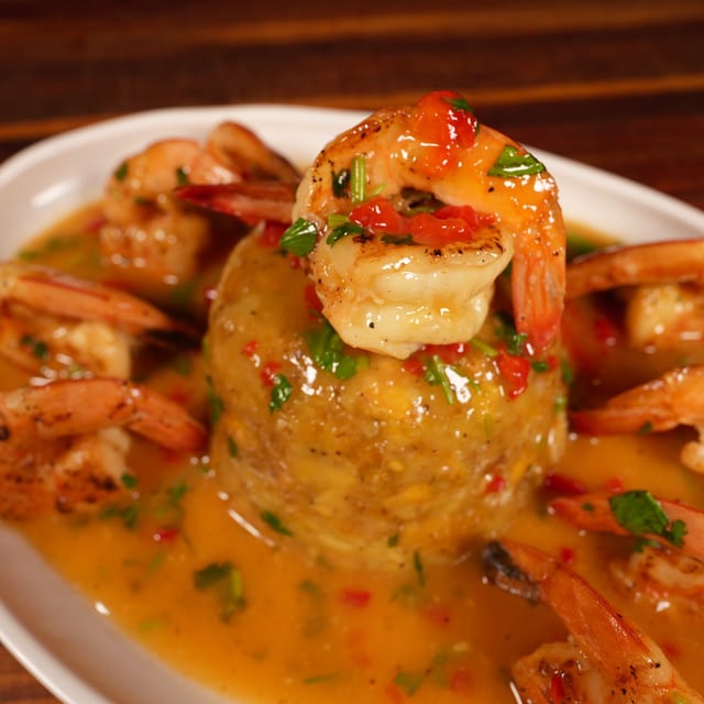 Mashed Green Plantain with Seafood.