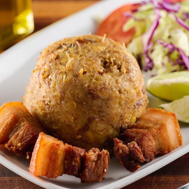 Mashed Green Plantain with Fried Pork Chunks.